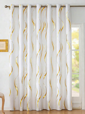 1pc Elegant Soft High-Precision Foil Wave Textured Curtain, Thermal Insulation Eyelet Top Design Blackout Curtain, Suitable For Bedroom/Living Room/Home Decor, Luxurious Gold Curtain