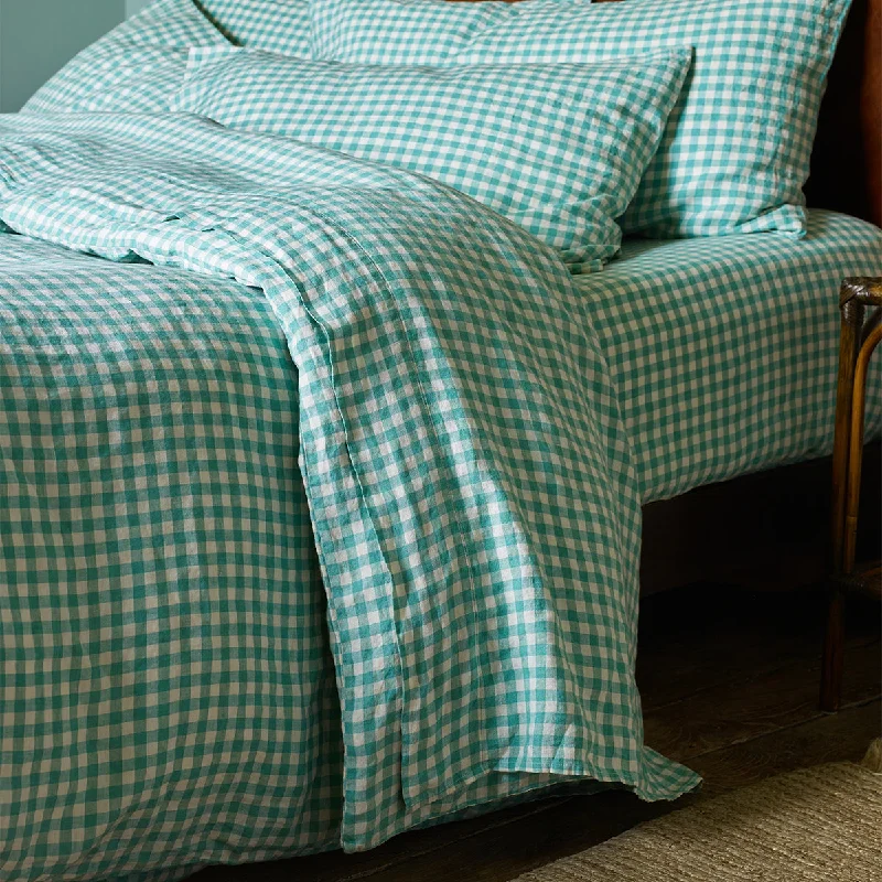 Pistachio Gingham 100% Linen Flat Sheet