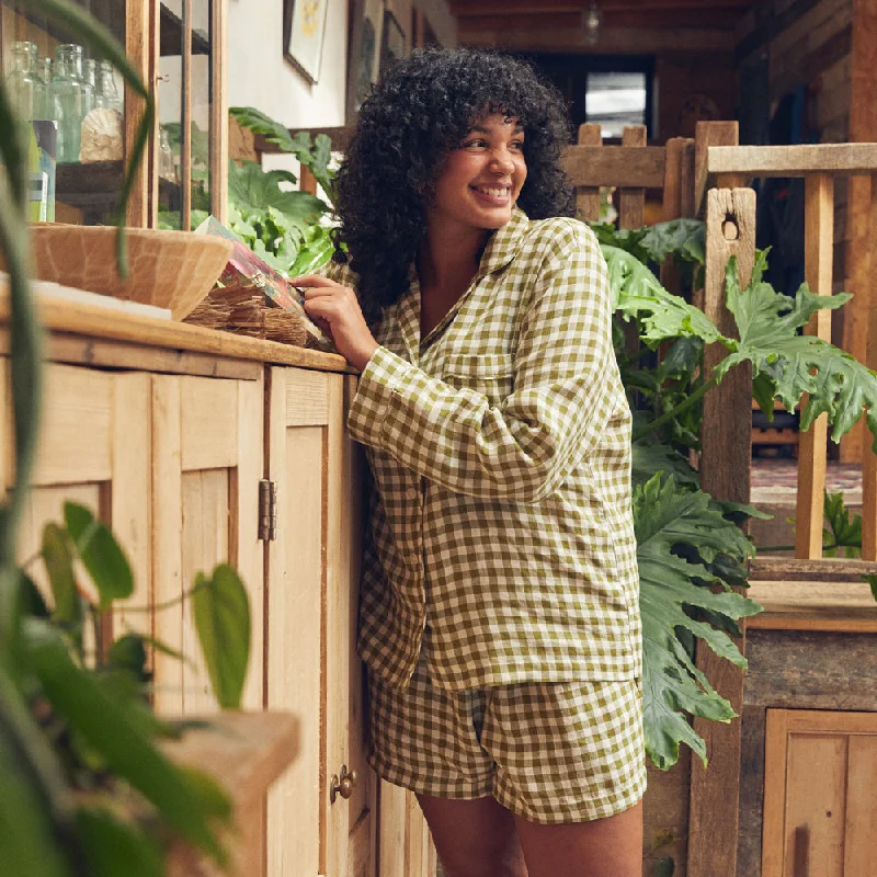 Botanical Green Gingham Linen Pajama Shorts Set