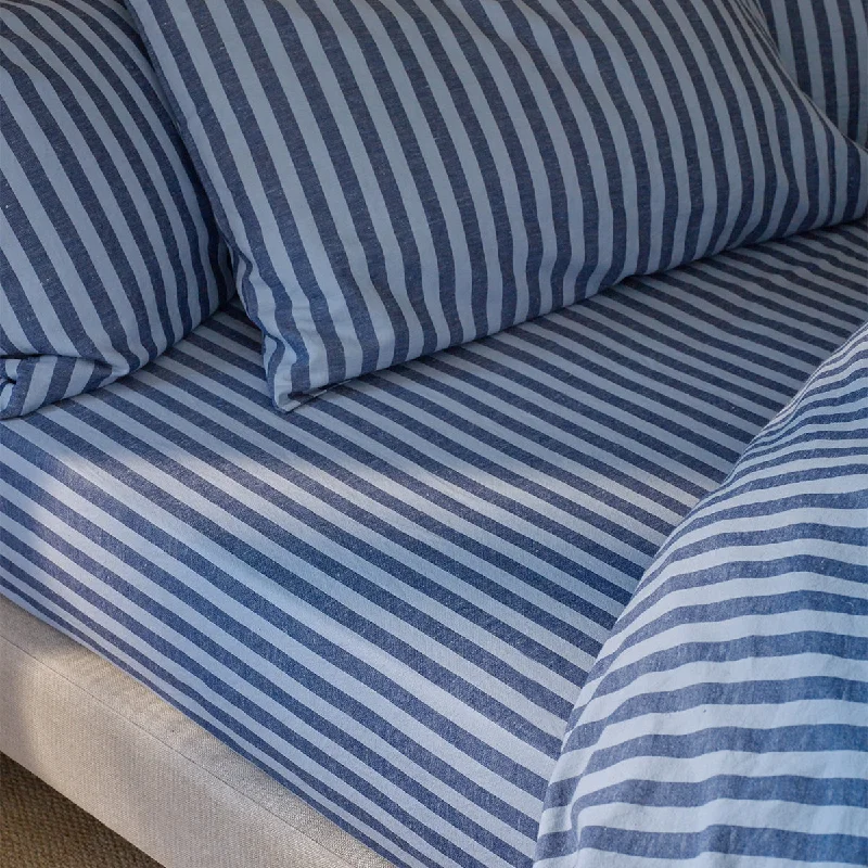 Dusty Blue Amberley Stripe Linen Blend Fitted Sheet