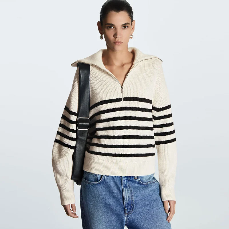 Breton Spread Collar Half Zip Black and Beige Striped Sweater