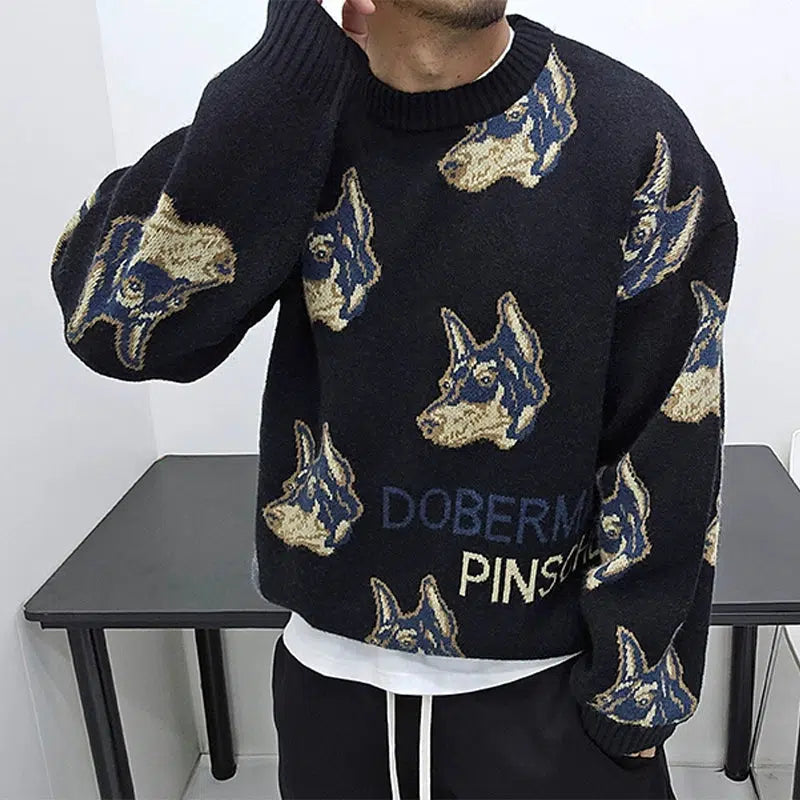 Doberman Pinscher Patterned Knit Sweater