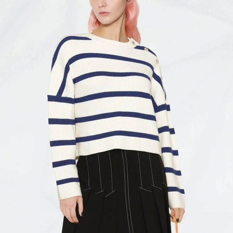 Silver Tone Buttoned Detail Crew Neck Blue and White Striped Sweater