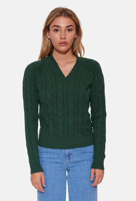 Amber Cable V Neck Sweater Pine