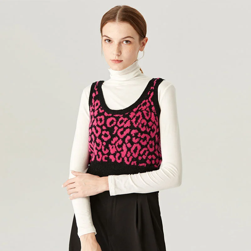 Contrast Crew Neck Wool Blend Lip Jacquard Knit Cropped Sweater Vest