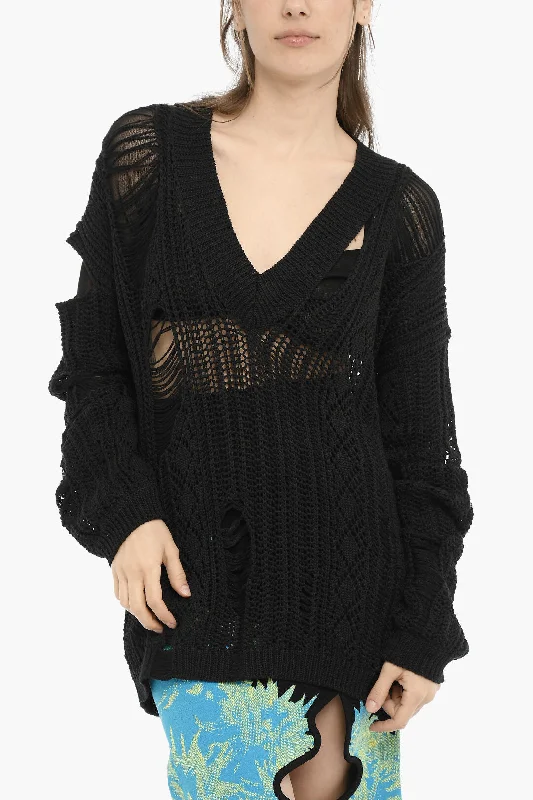 RAMAEL Perforated V-Neck Maxi Sweater With Cut-Out Details