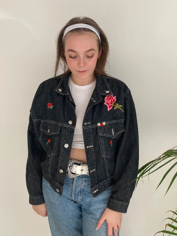 Black Flower Patched Denim Jacket (M)