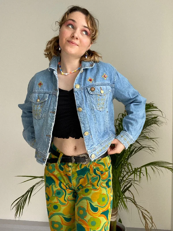 Cropped Patterned Denim Jacket (S)