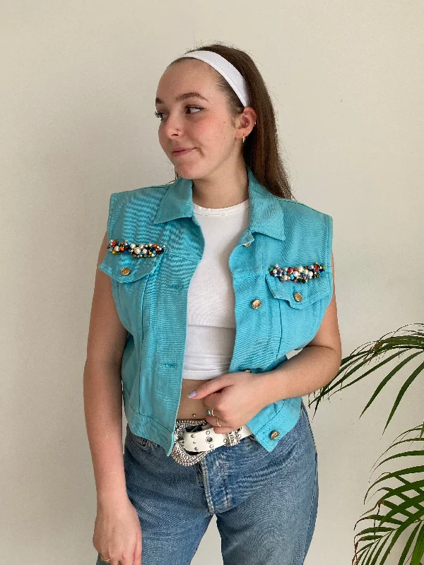 Sky Blue Sleeveless Denim Jacket (S)