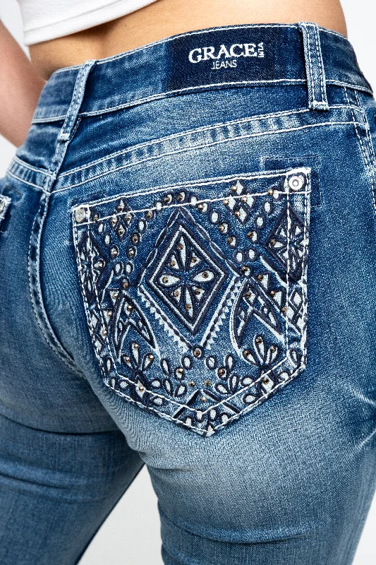 Aztec 3D Embellished Mid Rise Bootcut Rhinestone Jeans