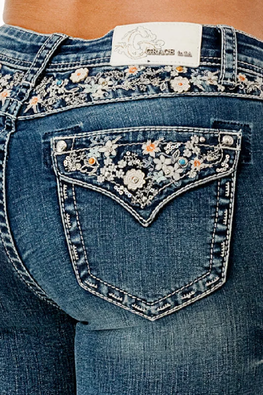 Floral Embroidered Yoke Detail Mid Rise Bootcut Jeans