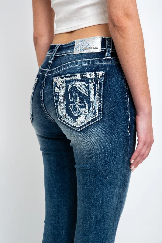 Horse Head Mid Rise Bootcut Embellished Jeans