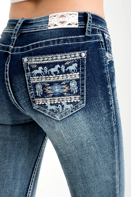 Horse Embellished Mid Rise Skinny Jeans