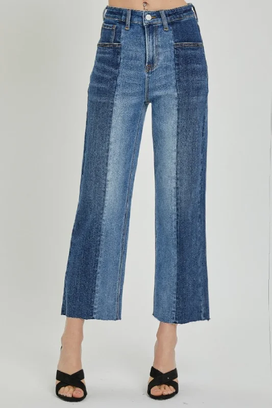 RISEN High Rise Two Tone Straight Leg Ankle Jeans