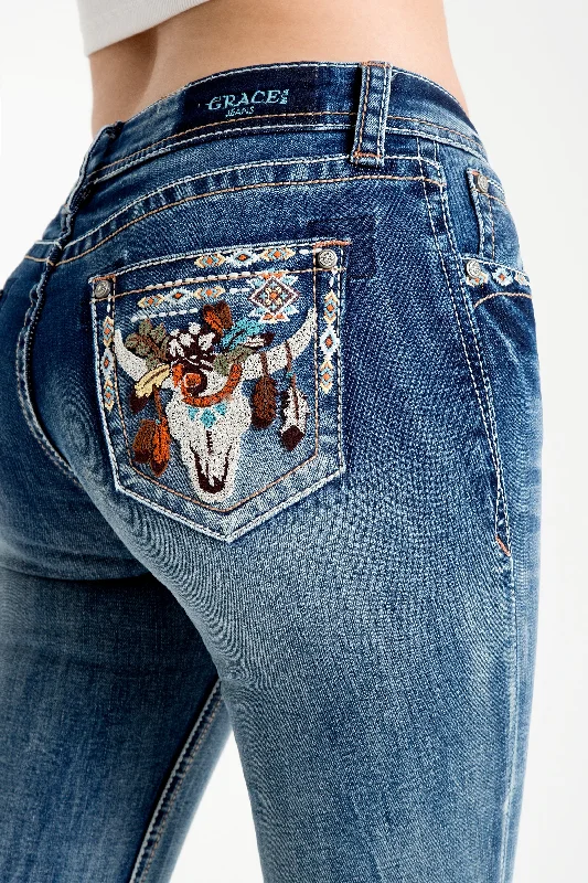 Steer Head Colorful Embellished Low Rise Bootcut Jeans