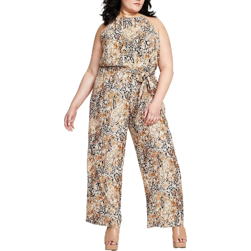 Bar III Womens Plus Snake Print High Neckline Jumpsuit