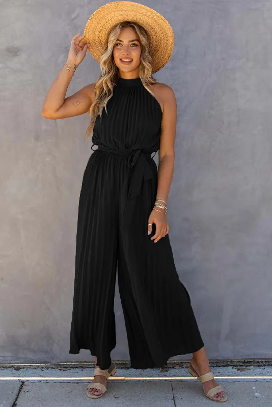 Halter Neck Pleated Wide Leg Jumpsuit with Belt