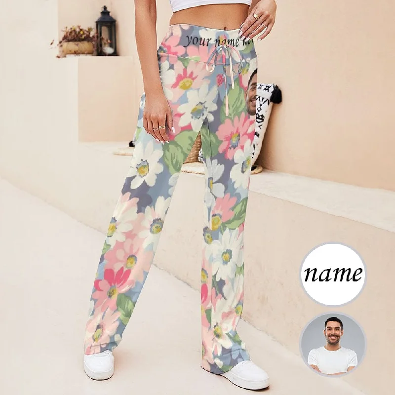 Custom Photo&Name Flower Women's Straight-Leg Loose Comfy Drawstring Lounge Pants for Yoga Running Sporting