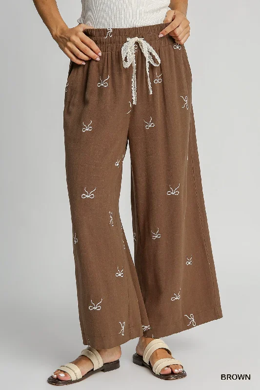 Brown Linen Blend Pants w/ Ecru Embroidered Bows