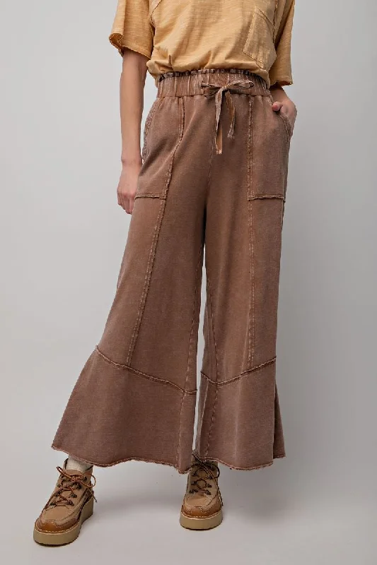 Chocolate Mineral Washed Terry Knit Wide Leg Pants