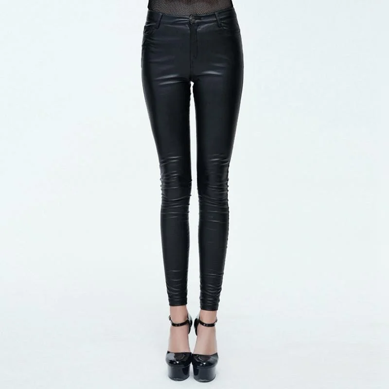 Women's Goth Leather Low Rise Pants With Skull Button