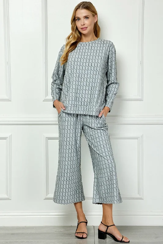 Grey Glitter Textured Long Sleeve Top & Pant Set