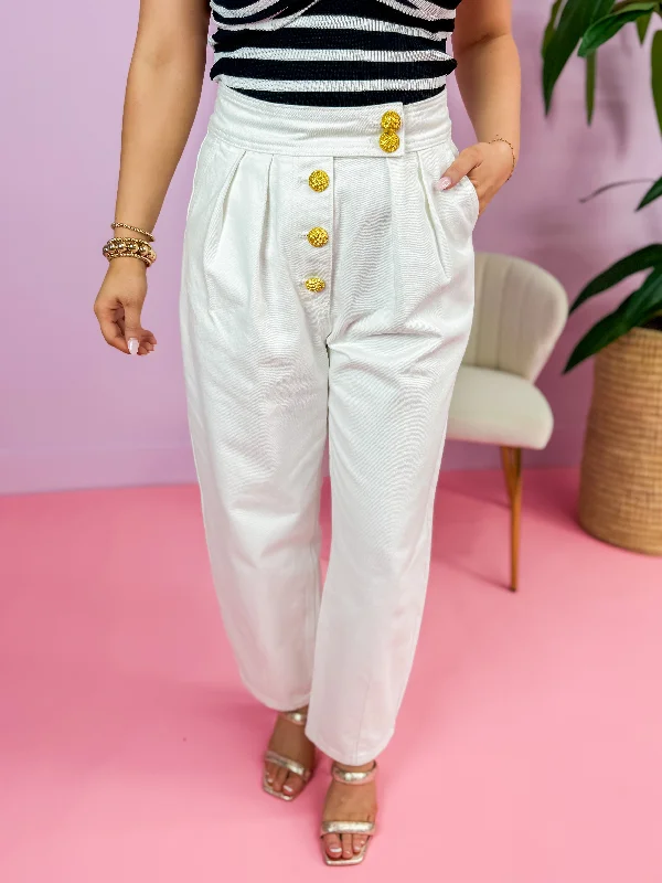 White Trouser Pants with Gold Buttons